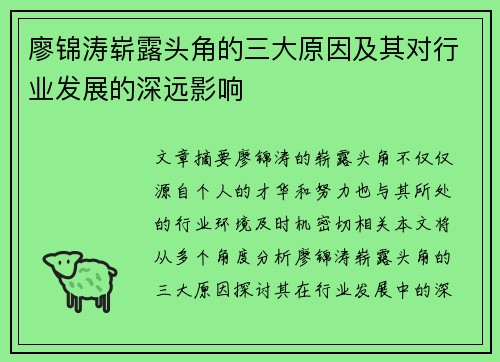 廖锦涛崭露头角的三大原因及其对行业发展的深远影响