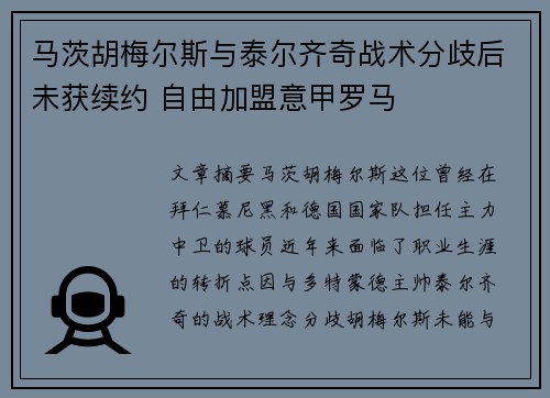 马茨胡梅尔斯与泰尔齐奇战术分歧后未获续约 自由加盟意甲罗马